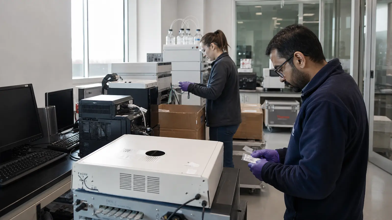 Biotech staff cataloging laboratory instruments and embedded computer systems