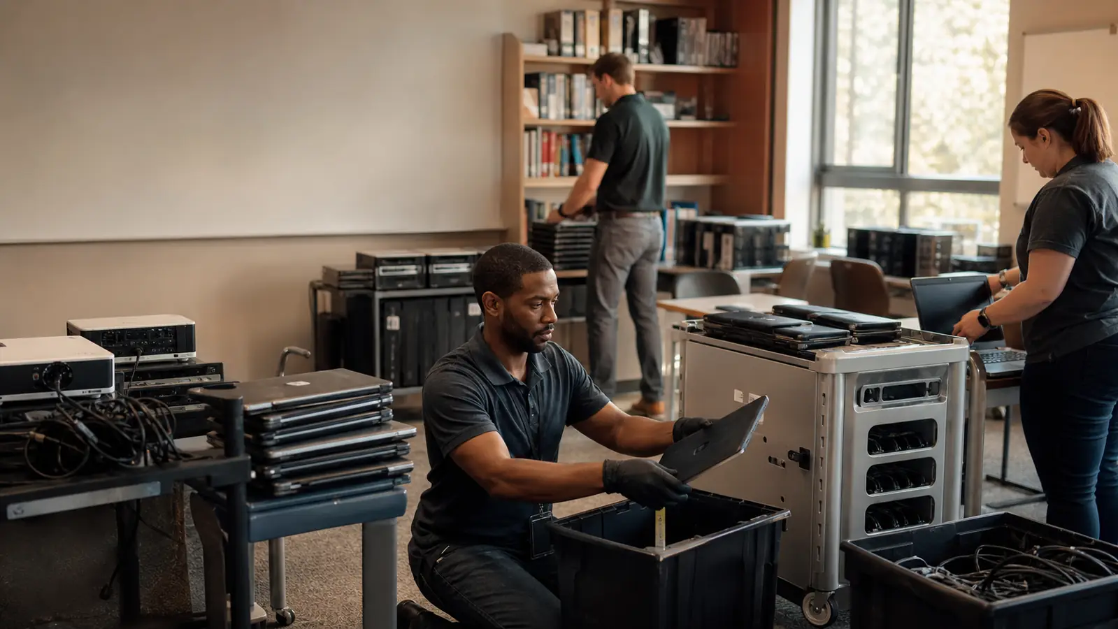 Education technology team inventorying classroom computers and charging carts