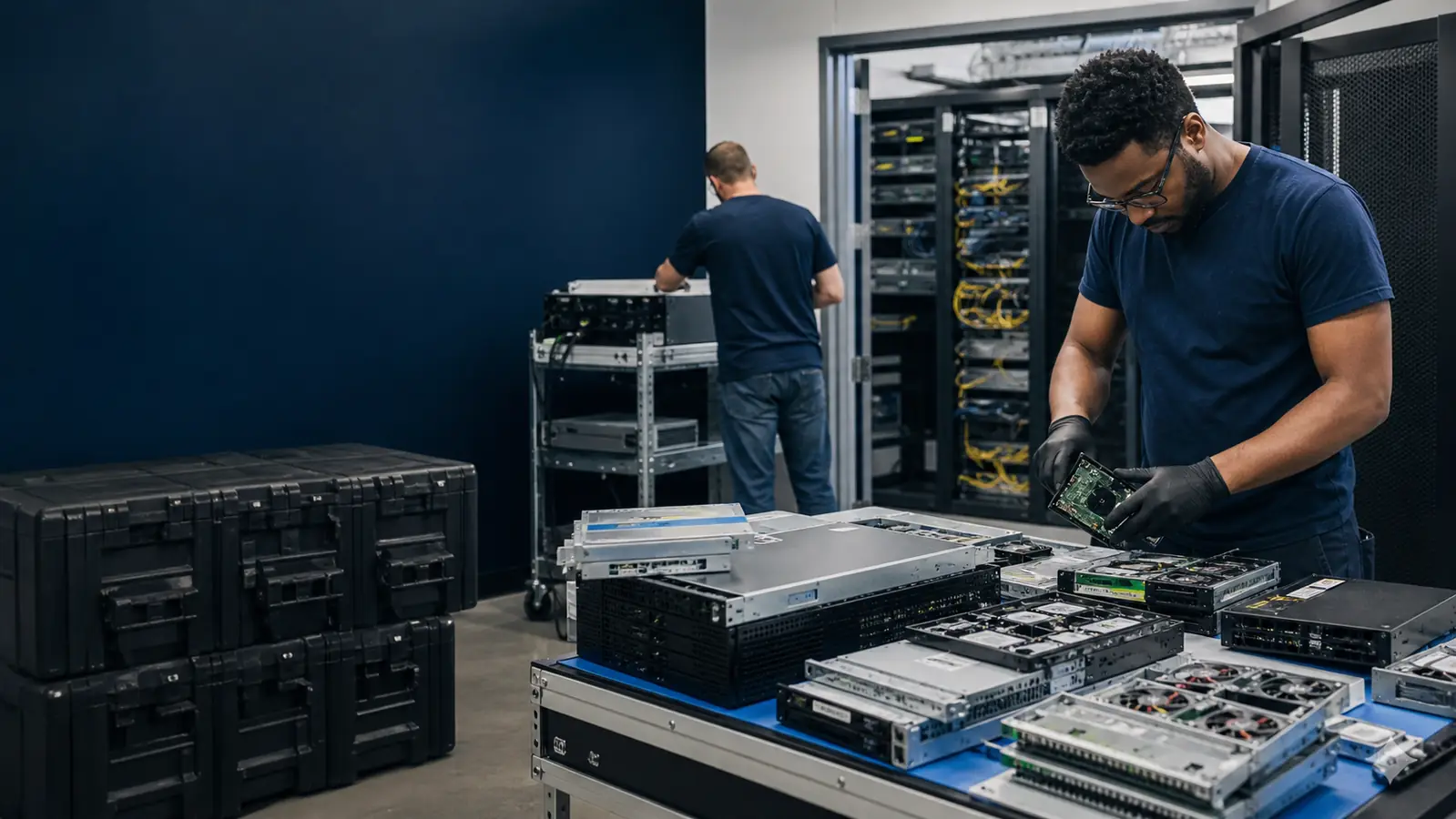 Technology company technicians processing retired servers and storage hardware
