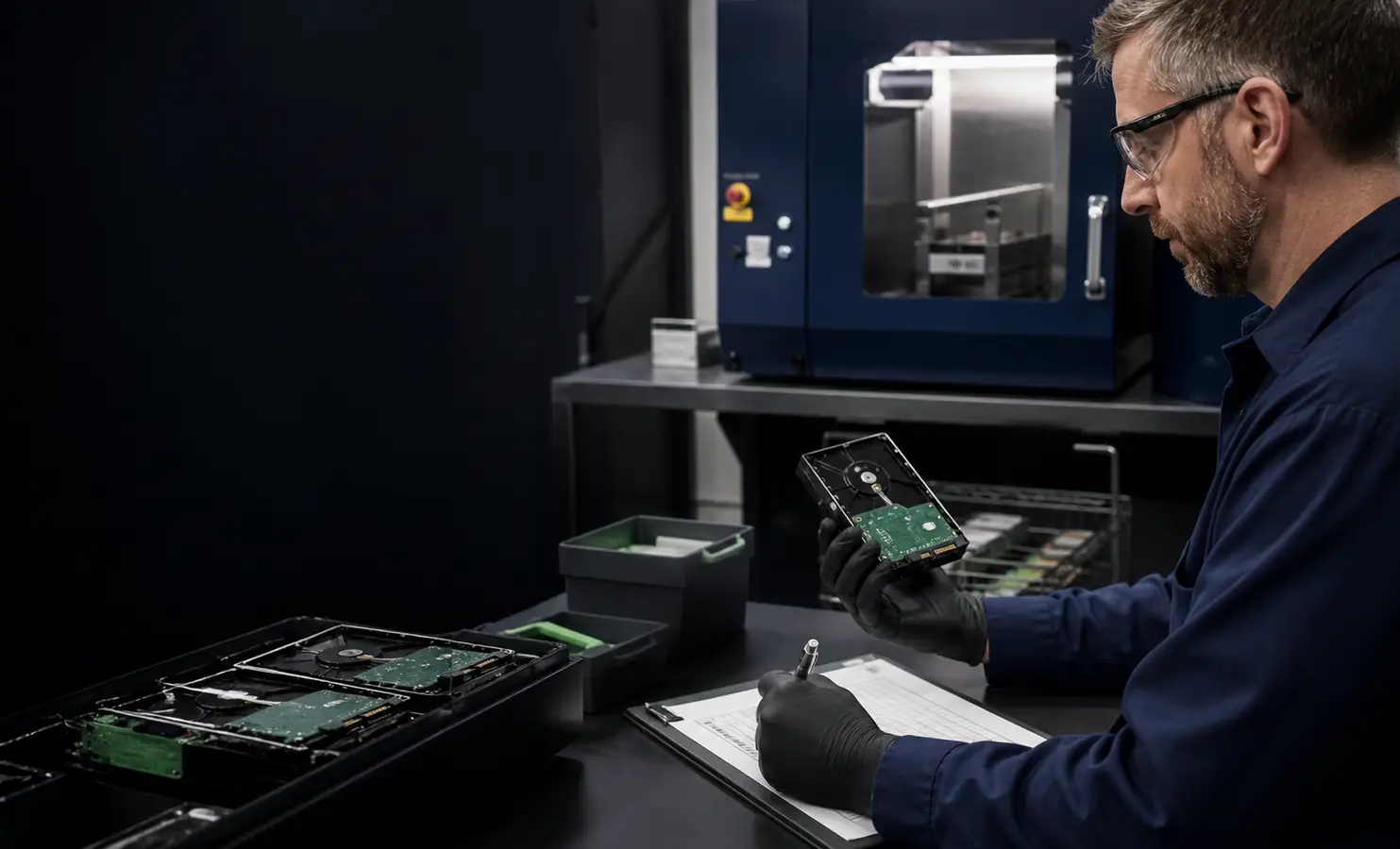 Technician documenting secure processing of data-bearing hard drives