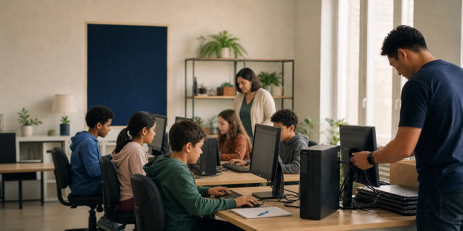 School-age children using donated computers in a supervised nonprofit learning center